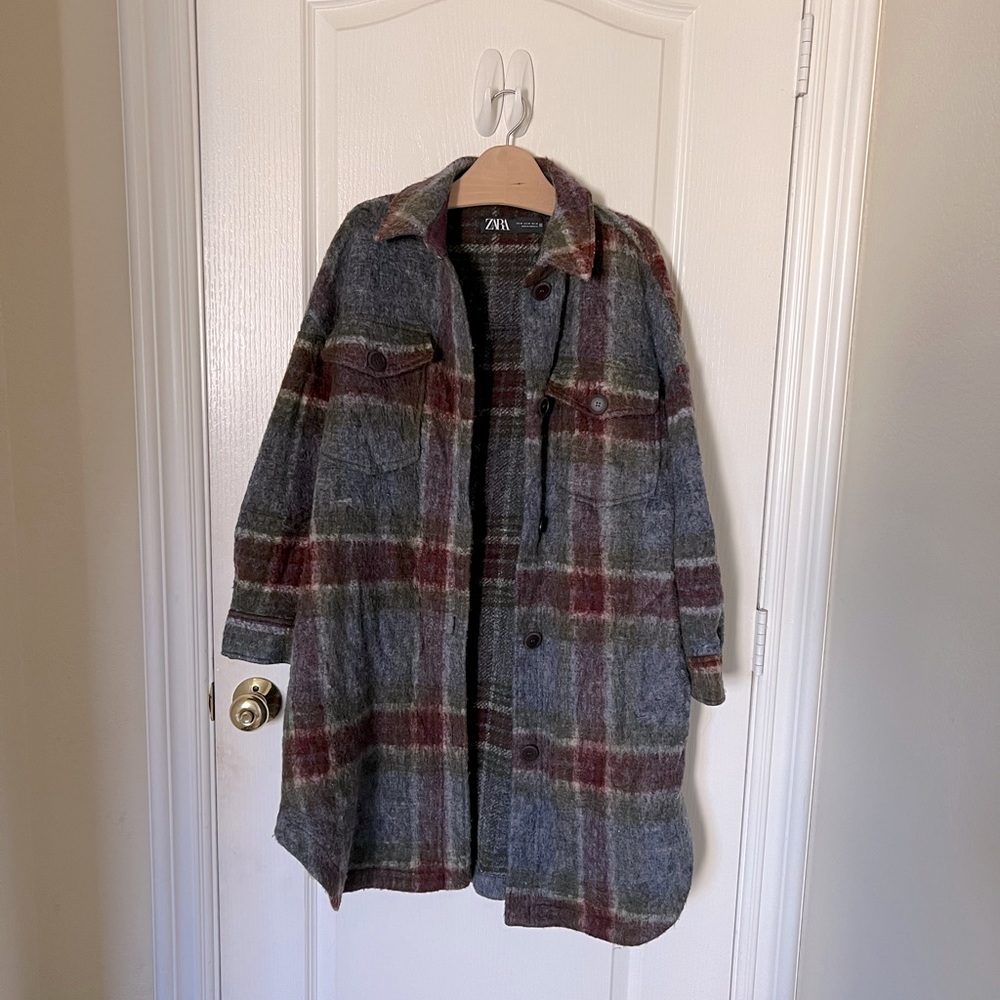 Zara Long Blue Plaid Flannel Jacket - Sz XS
